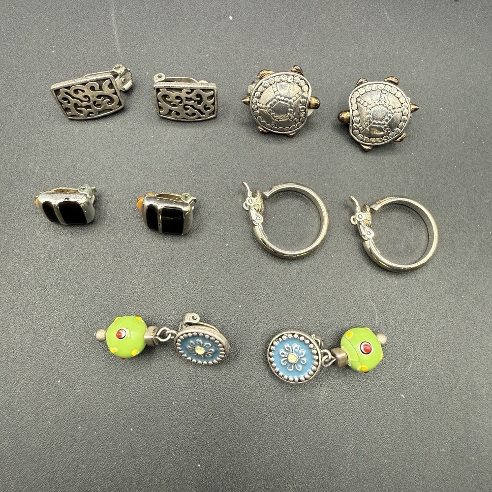 Vintage Lot 5 Silver Tone Clip On Earrings Dangle Hoop Turtle Costume Jewelry